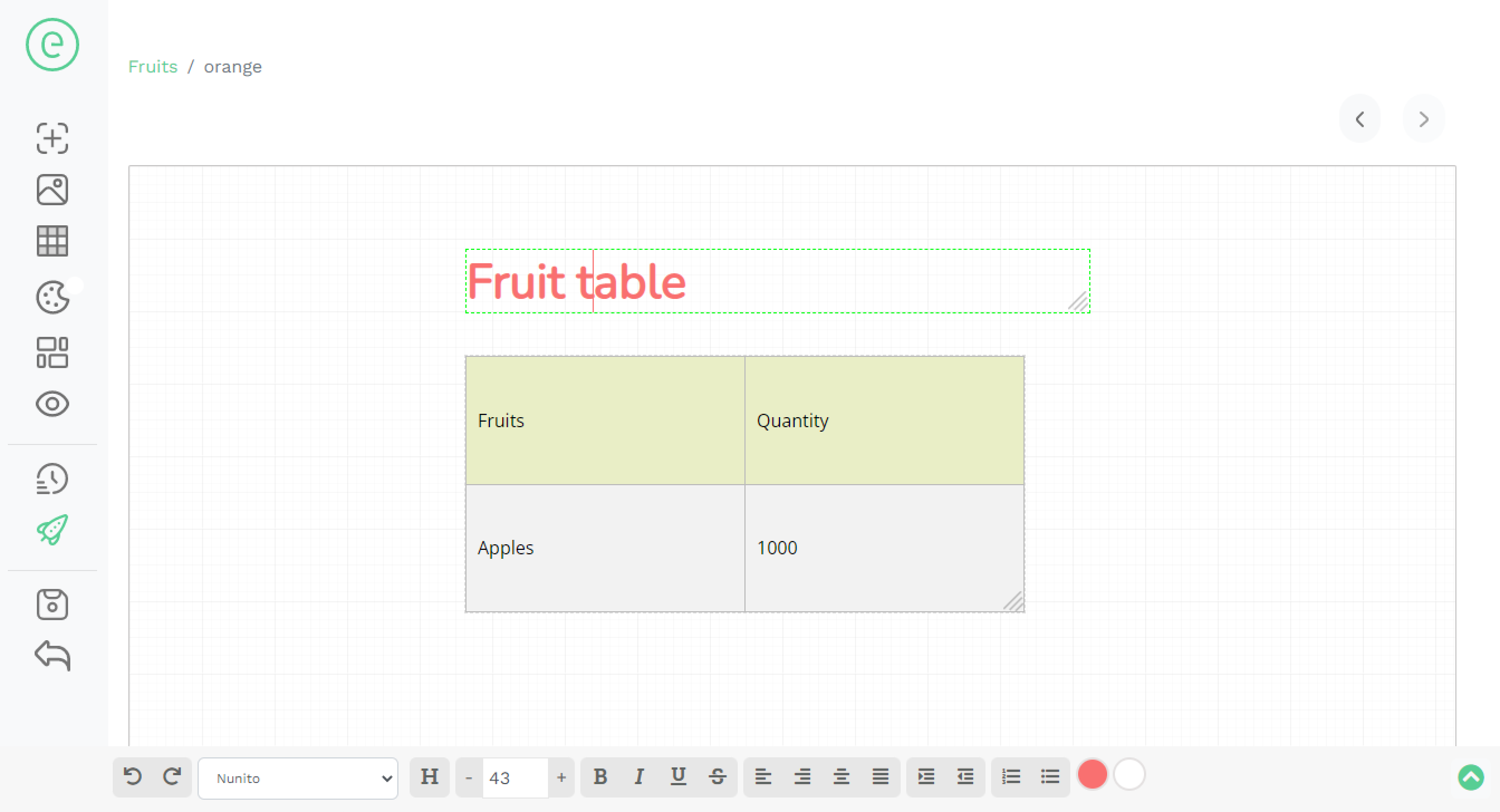 Editing a table in the Editus editor