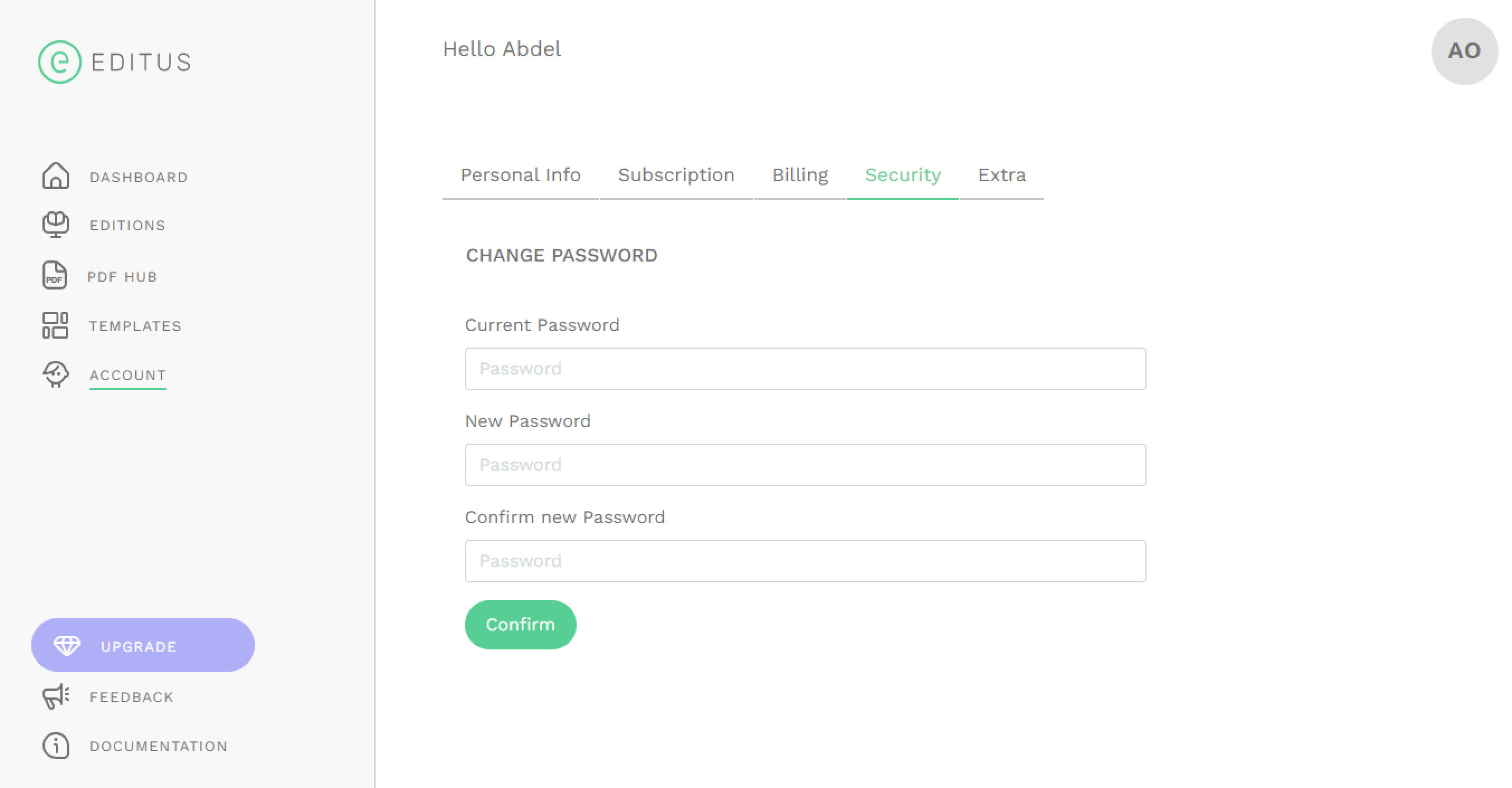 Editus account settings: change password