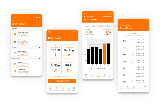 Four Sensor Connect app screens: smart home device list, geyser status and controls, energy spend analytics, and heating schedule