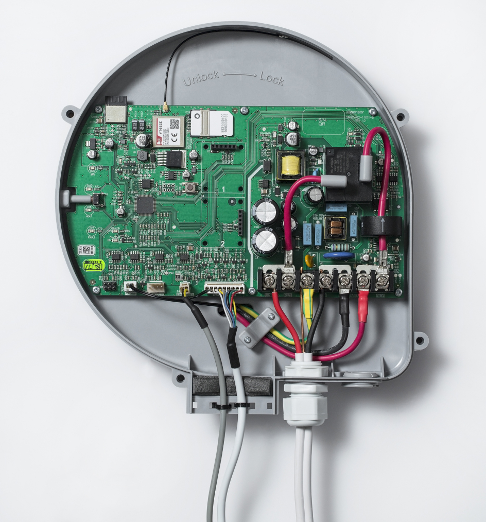 Geyser Connect device enclosure open, showing the electronics inside
