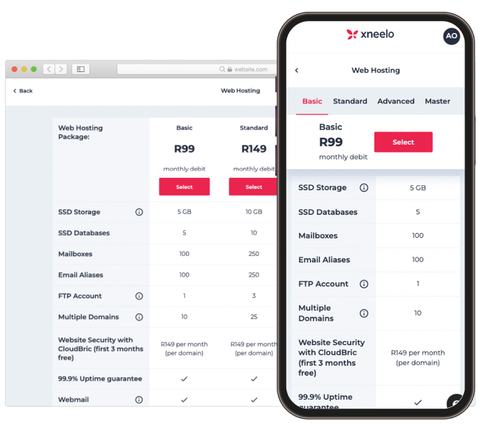 Xneelo Web Hosting plan comparison on desktop and mobile, showing Basic and Standard packages with storage, mailboxes, and security features