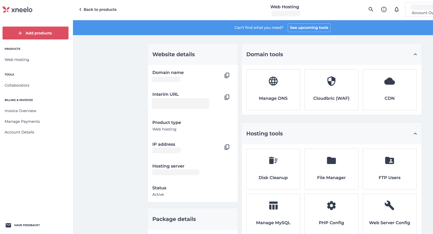 xCP Web Hosting dashboard