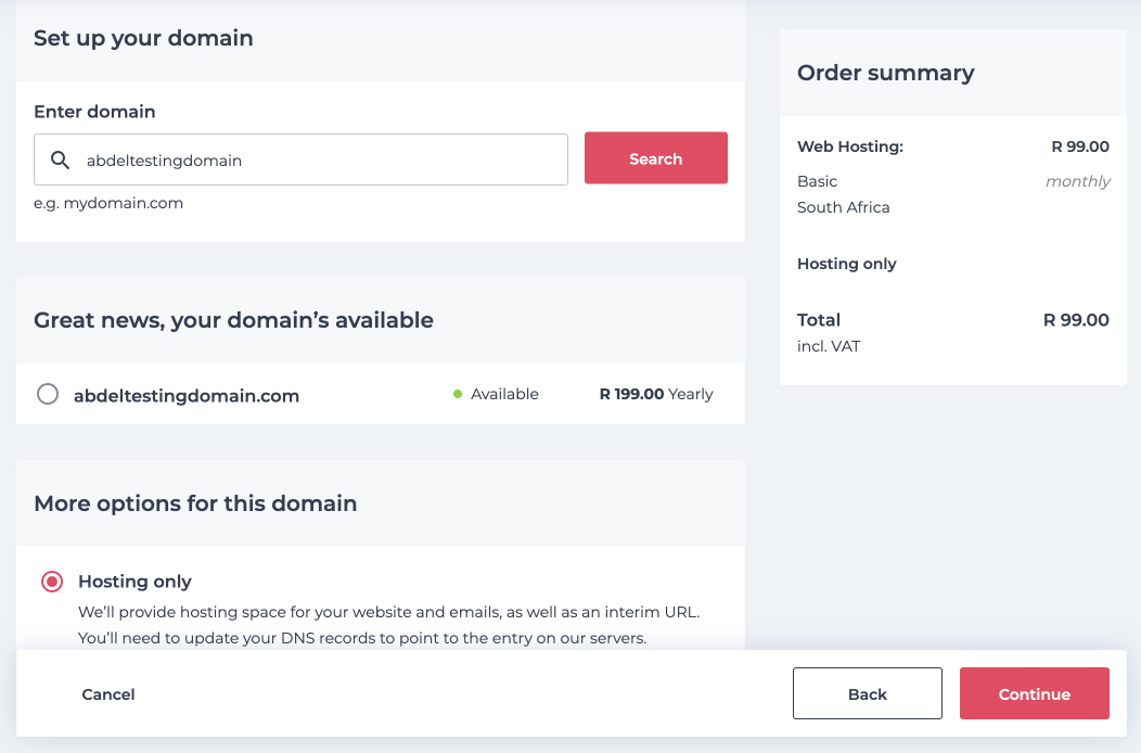 Web Hosting domain setup step in xCP